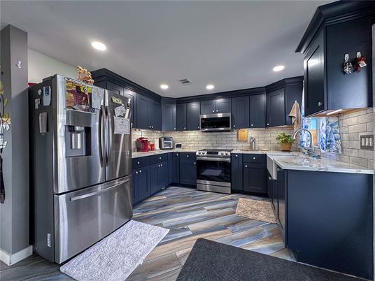 Interior, Kitchen, Recessed Lighting, Stainless Steel Appliances, Wood Texture Flooring