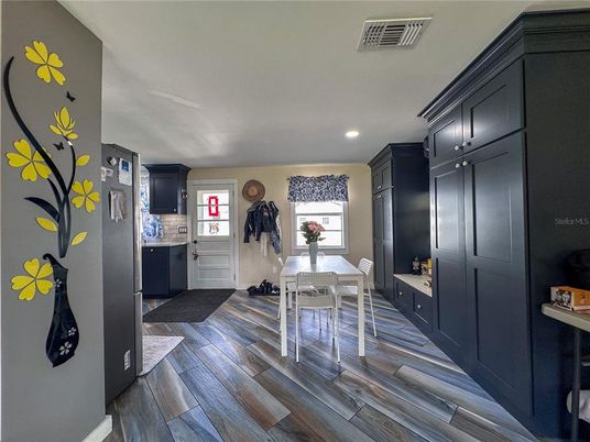 Dining room, Interior, Recessed Lighting, Wood Texture Flooring