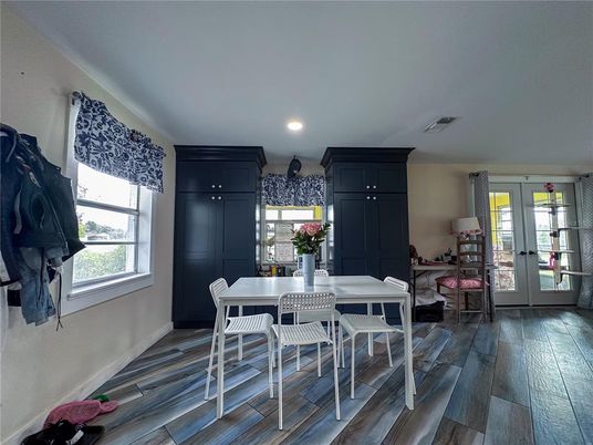 Dining room, Interior, Recessed Lighting, Wood Texture Flooring