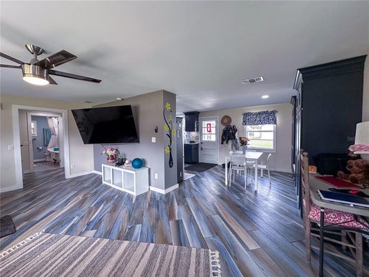 Dining room, Interior, Recessed Lighting, Wood Texture Flooring