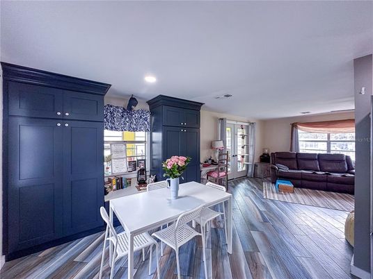 Dining room, Interior, Living room, Recessed Lighting, Wood Texture Flooring