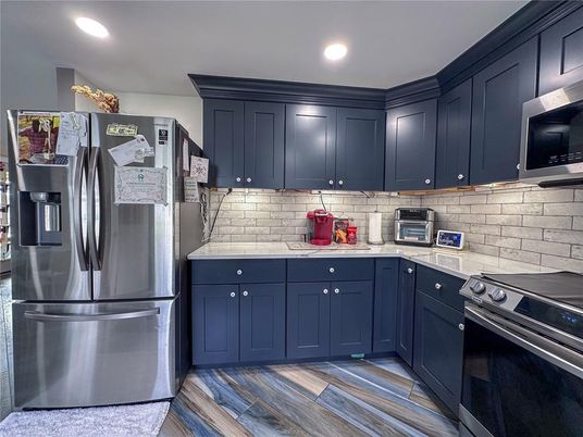 Interior, Kitchen, Recessed Lighting, Stainless Steel Appliances, Wood Texture Flooring