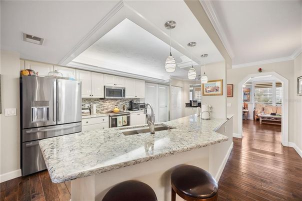 Interior, Kitchen, Pendant Lights, Stainless Steel Appliances, Wood Texture Flooring