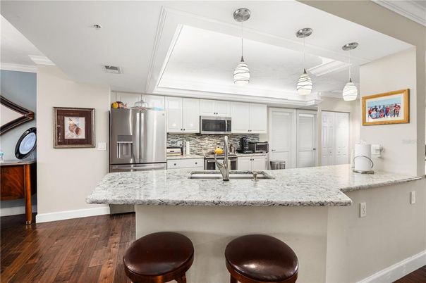 Interior, Kitchen, Pendant Lights, Stainless Steel Appliances, Wood Texture Flooring