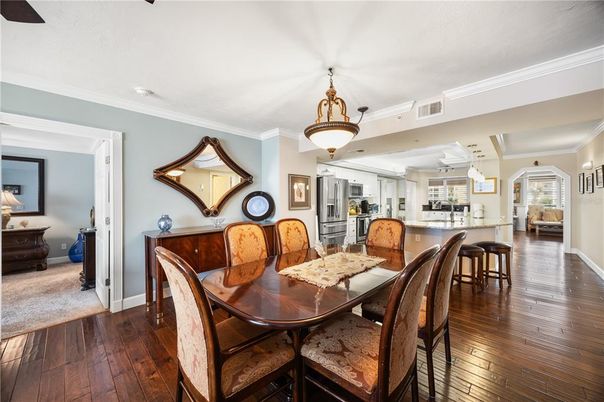 Dining room, Interior, Kitchen, Pendant Lights, Stainless Steel Appliances, Wood Texture Flooring
