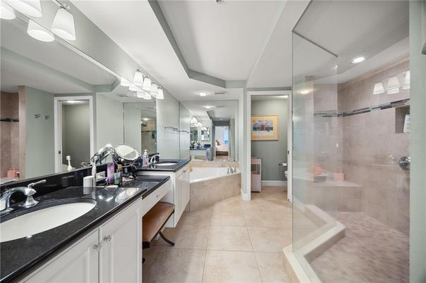 Bathroom, Dual Sink Vanities, Glass Shower, Interior, Recessed Lighting