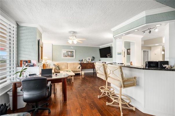 Home Office, Interior, Living room, Recessed Lighting, Wood Texture Flooring