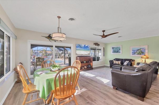 Dining room, Interior, Living room, Pendant Lights, Wood Texture Flooring