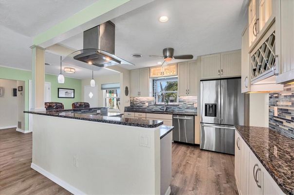 Interior, Kitchen, Pendant Lights, Recessed Lighting, Stainless Steel Appliances, Wood Texture Flooring