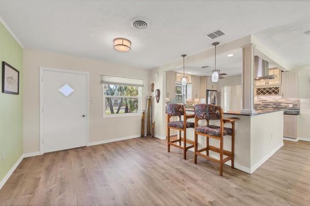 Dining room, Interior, Kitchen, Pendant Lights, Recessed Lighting, Wood Texture Flooring