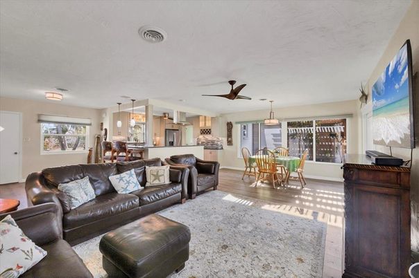 Dining room, Interior, Kitchen, Living room, Pendant Lights, Wood Texture Flooring