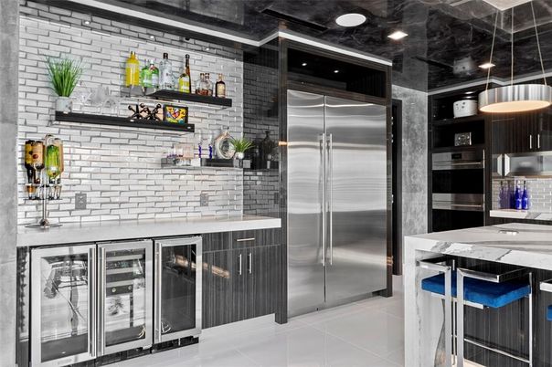 Interior, Kitchen, Recessed Lighting, Stainless Steel Appliances, Stone Walls