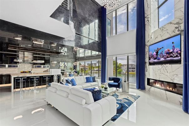 Fireplace, Interior, Kitchen, Living room, Pendant Lights, Stone Walls