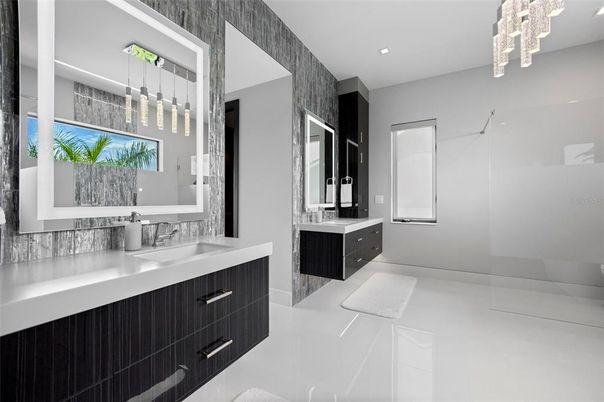 Bathroom, Dual Sink Vanities, Interior, Pendant Lights, Recessed Lighting