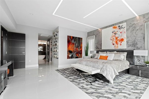 Bedroom, Interior, Marble Walls, Recessed Lighting