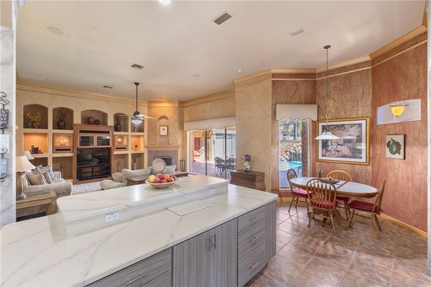 Dining room, Fireplace, Interior, Kitchen, Living room, Pendant Lights, Recessed Lighting