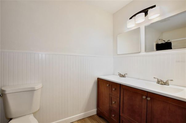 Bathroom, Dual Sink Vanities, Interior, Wood Texture Flooring