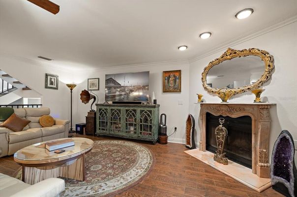 Fireplace, Interior, Living room, Recessed Lighting, Wood Texture Flooring