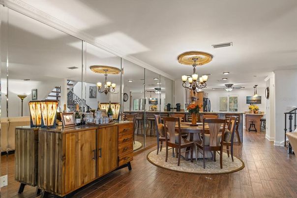Chandelier, Dining room, Interior, Recessed Lighting, Wood Texture Flooring