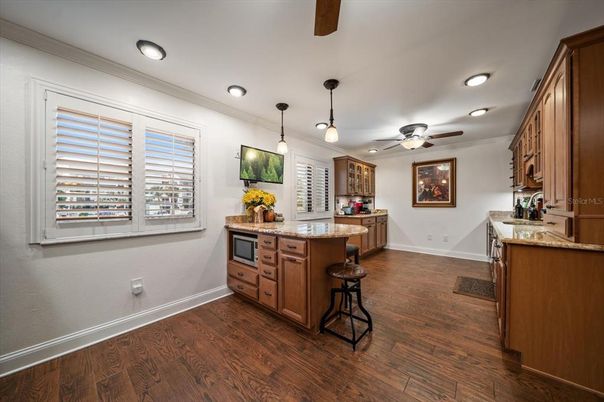 Interior, Kitchen, Pendant Lights, Recessed Lighting, Wood Texture Flooring