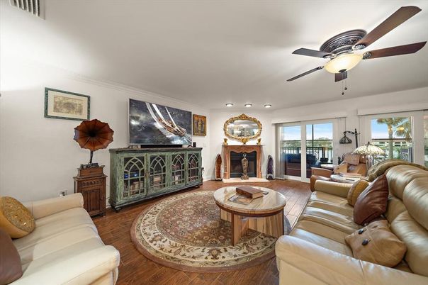 Fireplace, Interior, Living room, Recessed Lighting, Wood Texture Flooring
