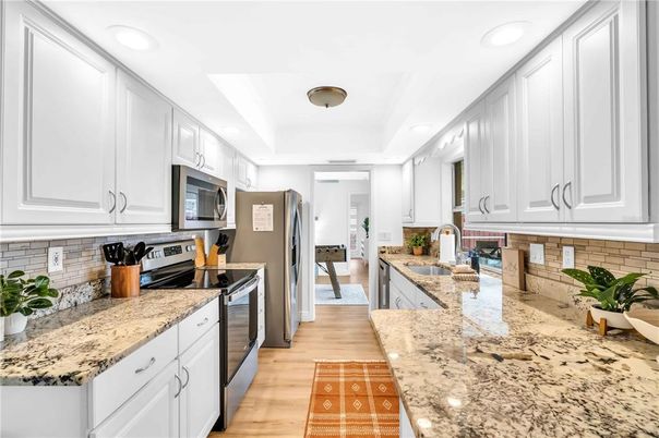 Interior, Kitchen, Recessed Lighting, Stainless Steel Appliances, Wood Texture Flooring