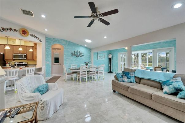 Dining room, Interior, Kitchen, Living room, Pendant Lights, Recessed Lighting, Stainless Steel Appliances