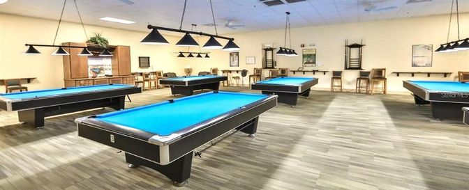 Billiard Table, Game Room, Interior, Pendant Lights, Recessed Lighting, Wood Texture Flooring
