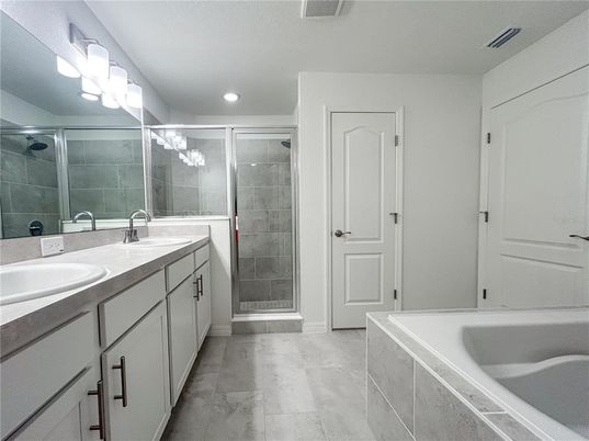 Bathroom, Dual Sink Vanities, Glass Shower, Interior, Recessed Lighting