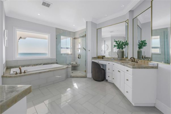 Bathroom, Dual Sink Vanities, Glass Shower, Interior, Recessed Lighting