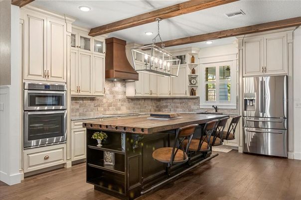 Interior, Kitchen, Pendant Lights, Recessed Lighting, Stainless Steel Appliances, Wooden Beams, Wood Texture Flooring