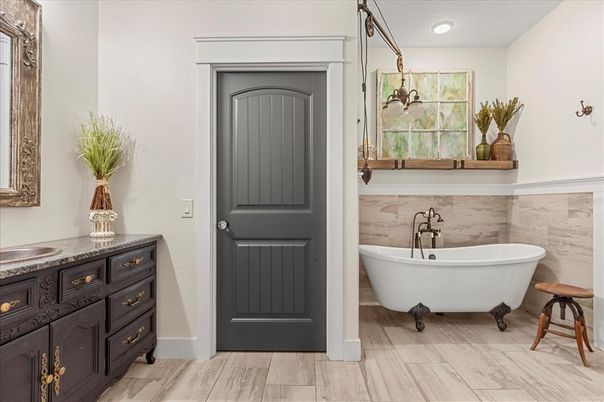 Bathroom, Free Standing Baths, Interior, Recessed Lighting, Wood Texture Flooring