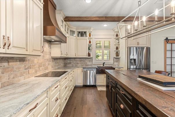 Interior, Kitchen, Recessed Lighting, Stainless Steel Appliances, Stone Walls, Wood Texture Flooring