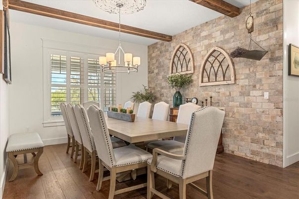 Chandelier, Dining room, Interior, Stone Walls, Wooden Beams, Wood Texture Flooring
