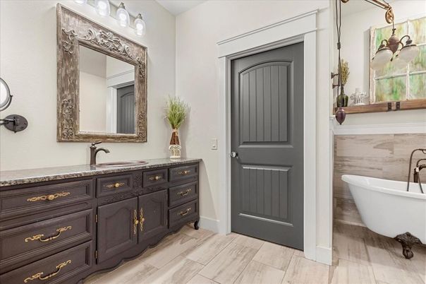 Bathroom, Dual Sink Vanities, Free Standing Baths, Interior, Wood Texture Flooring