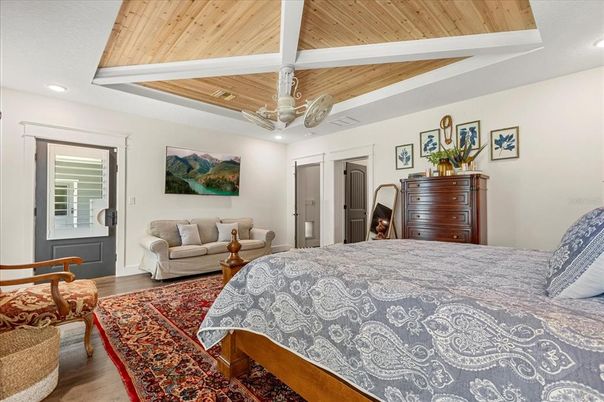 Bedroom, Interior, Recessed Lighting, Wooden Ceilings, Wood Texture Flooring