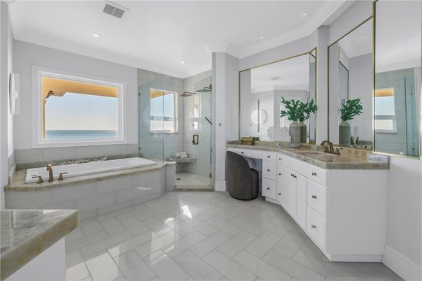 Bathroom, Dual Sink Vanities, Glass Shower, Interior, Recessed Lighting