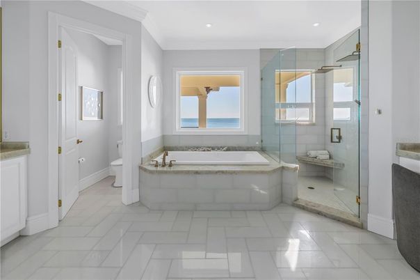 Bathroom, Glass Shower, Interior, Marble, Recessed Lighting