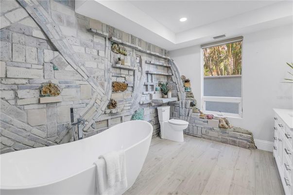 Bathroom, Free Standing Baths, Interior, Recessed Lighting, Wood Texture Flooring