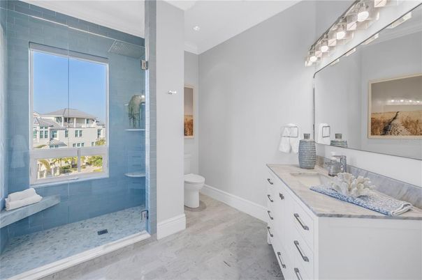 Bathroom, Glass Shower, Interior, Marble, Recessed Lighting