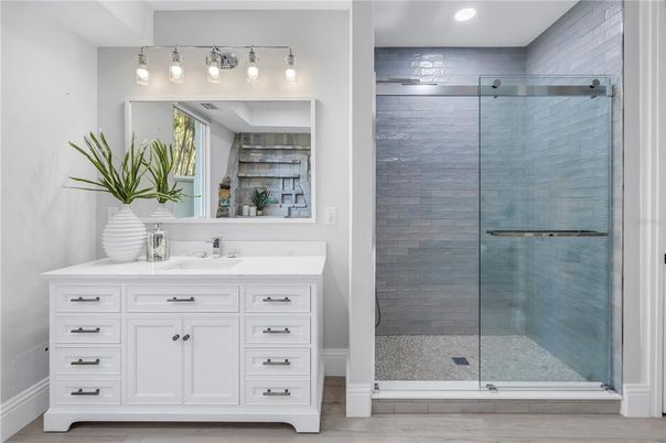 Bathroom, Glass Shower, Interior, Recessed Lighting, Wood Texture Flooring
