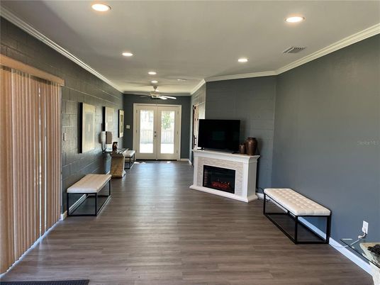 Fireplace, Interior, Recessed Lighting, Wood Texture Flooring