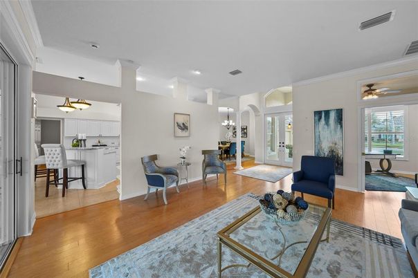 Chandelier, Dining room, Interior, Kitchen, Living room, Recessed Lighting, Wood Texture Flooring