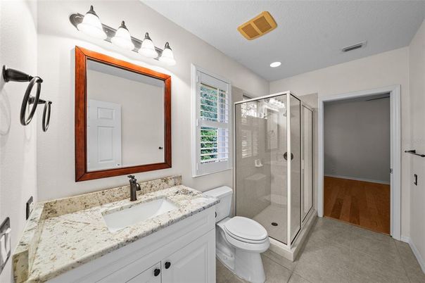Bathroom, Glass Shower, Interior, Recessed Lighting, Wood Texture Flooring