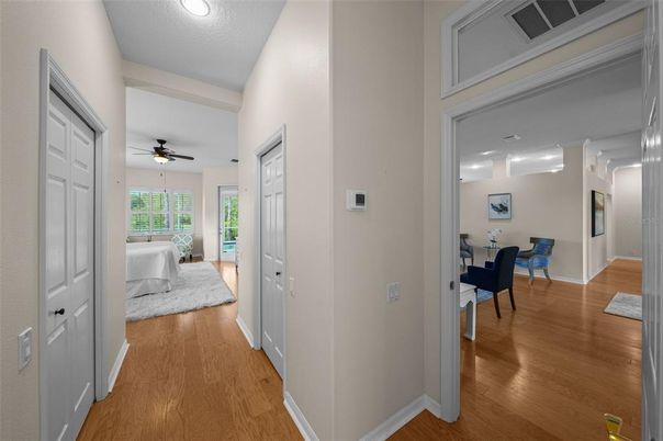 Bedroom, Dining room, Interior, Recessed Lighting, Wood Texture Flooring