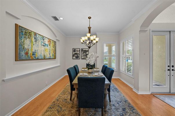 Chandelier, Dining room, Interior, Recessed Lighting, Wood Texture Flooring