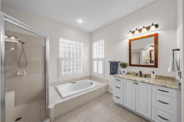 Bathroom, Dual Sink Vanities, Glass Shower, Interior, Recessed Lighting