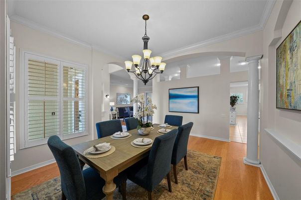 Chandelier, Dining room, Interior, Wood Texture Flooring