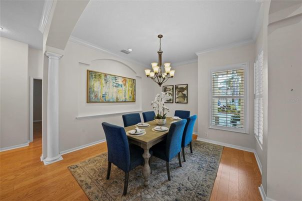 Chandelier, Dining room, Interior, Recessed Lighting, Wood Texture Flooring
