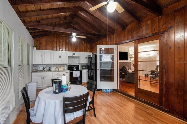 Dining room, Fireplace, Interior, Kitchen, Wooden Beams, Wooden Ceilings, Wood Texture Flooring